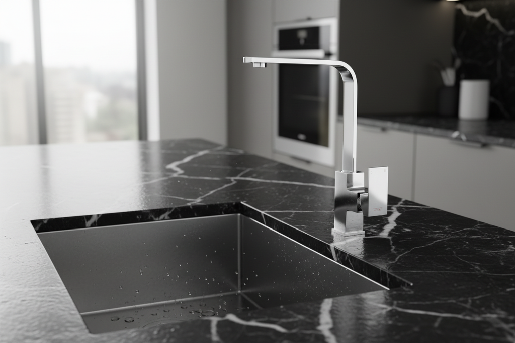 Aqua Deck-mounted Kitchen Mixer Tap on Black Marble
