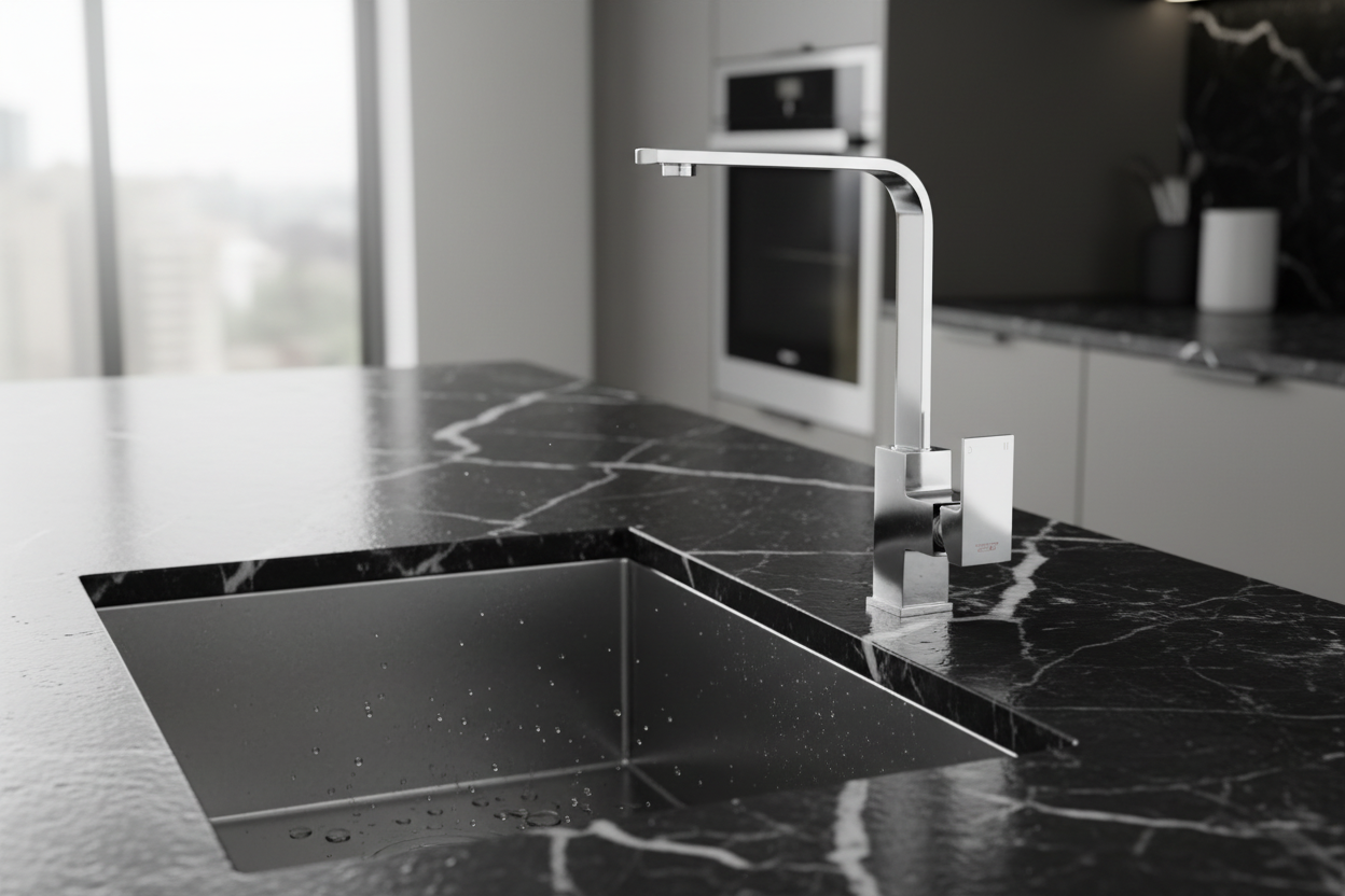 Aqua Deck-mounted Kitchen Mixer Tap on Black Marble