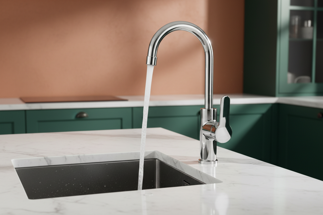 Orca Deck-mounted Kitchen Mixer Tap - Water Flowing