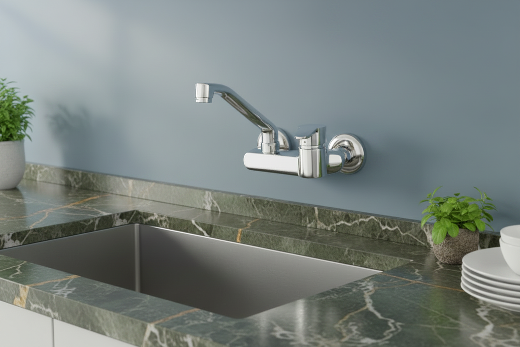 Sire Wall-mounted Kitchen Mixer Tap - Dusty Blue & Green Marble