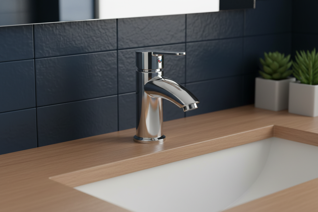 Sire Washbasin Mixer Tap - Navy Tiles & Wood
