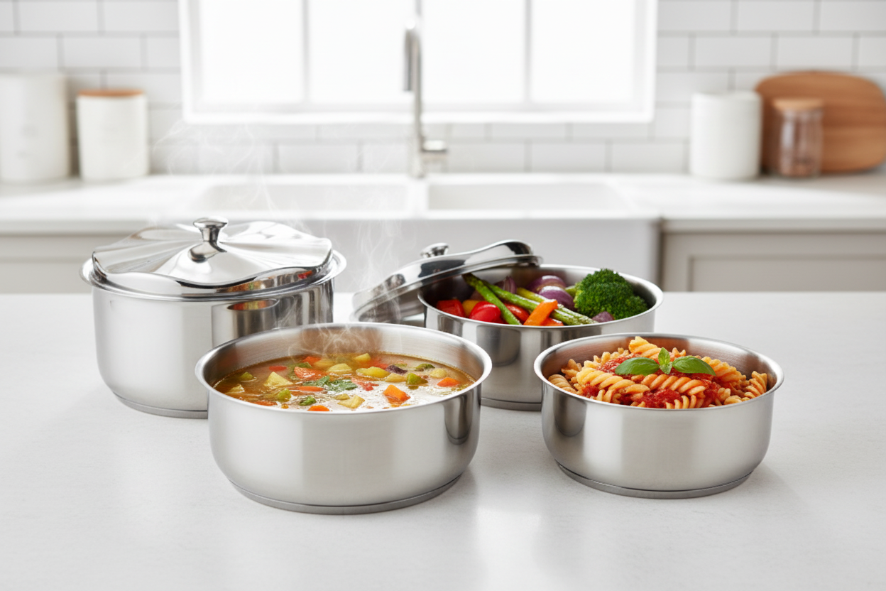 Trio Stock Pot Set - Handleless Pots with Lids and Food